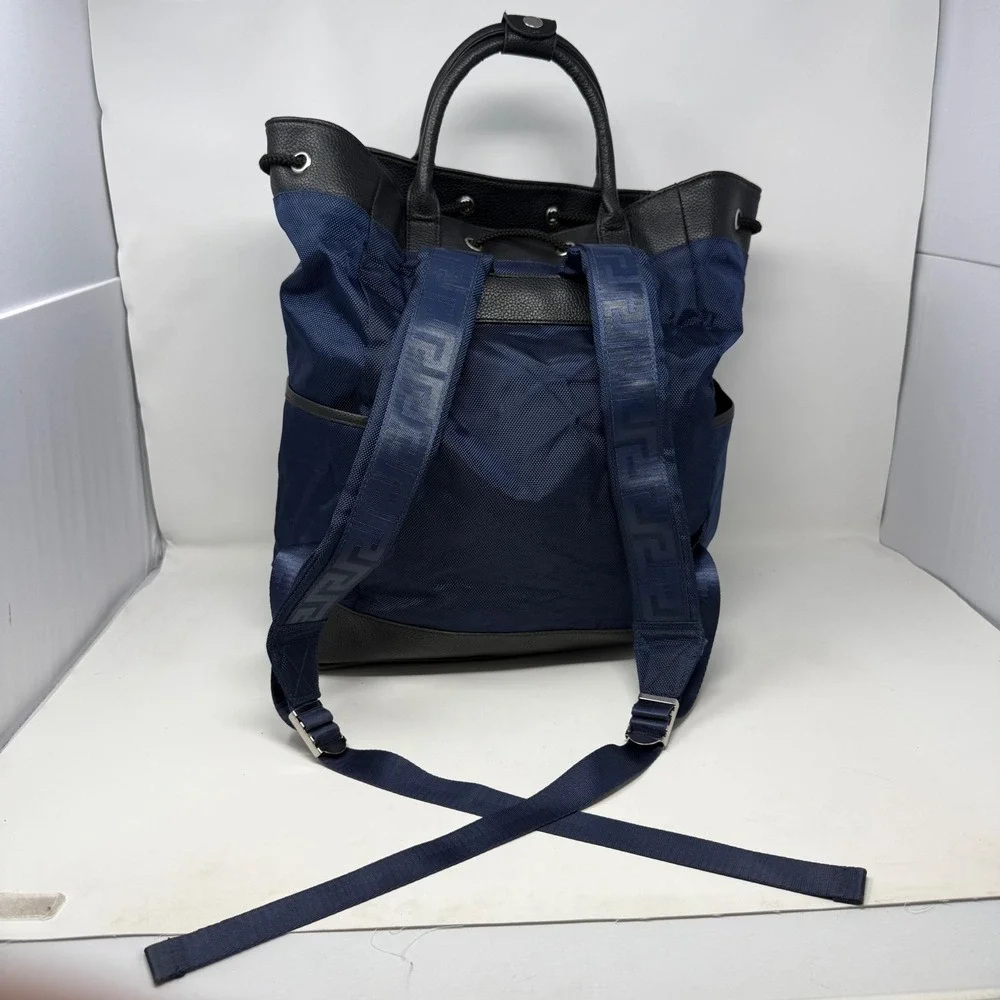 Versace Parfums Navy Blue Nylon Backpack Tote Bag Greca Straps Black Trim